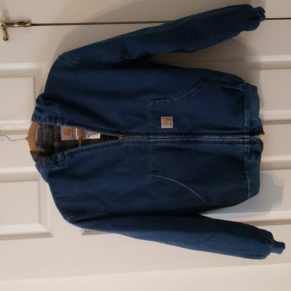 Boy's Carhartt Flannel Lined Denim Hooded Jacket sz lg